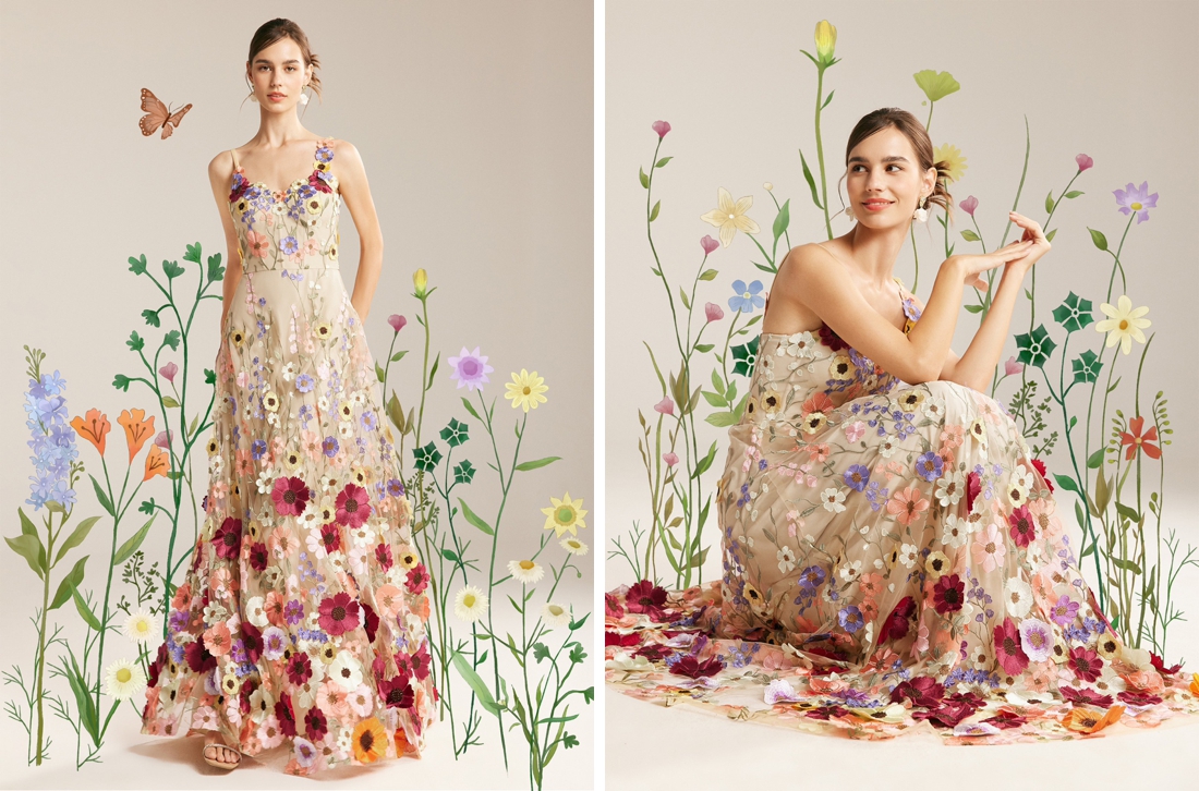 młoda para w kwiecistych sukienkach i koszuli siedzi na ławce kwiatowej