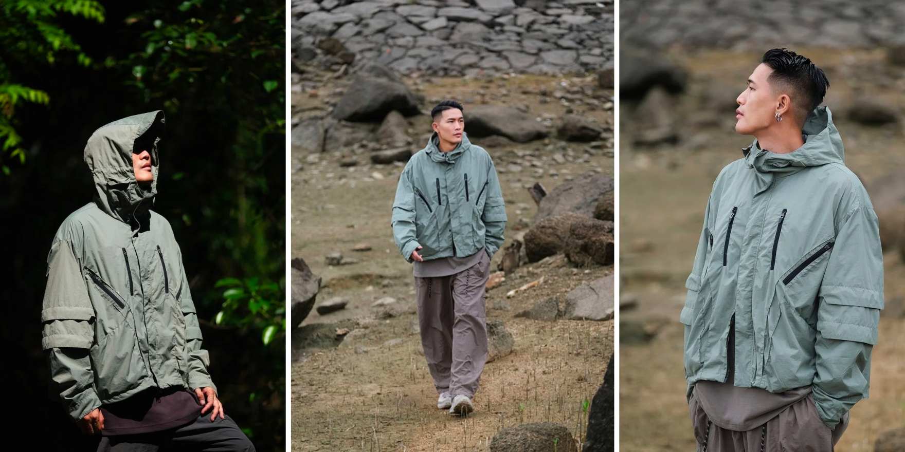 grupa przyjaciół w kurtkach Gore-Tex plecakach i butach hikingowych na miejskim placu